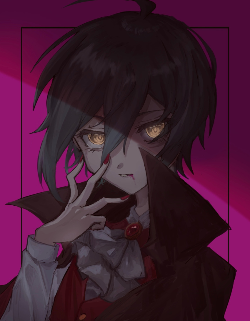 1boy ahoge ascot bangs black_hair blood blood_from_mouth blood_on_face brown_cape cape danganronpa_(series) danganronpa_v3:_killing_harmony hair_between_eyes hand_up highres male_focus nail_polish official_alternate_costume parted_lips pink_background raru_(mqwmguqjc74hecq) red_nails red_vest saihara_shuuichi shiny shiny_hair short_hair solo teeth upper_body vest yellow_eyes