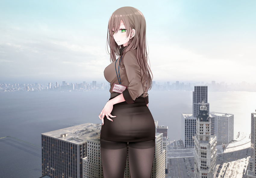 1girl @_@ breasts brown_hair brown_shirt car cityscape commentary giant giantess green_eyes ground_vehicle highres lanyard large_breasts long_hair motor_vehicle office_lady ol-chan_(oouso) oouso original pantyhose pencil_skirt shirt skirt skyline