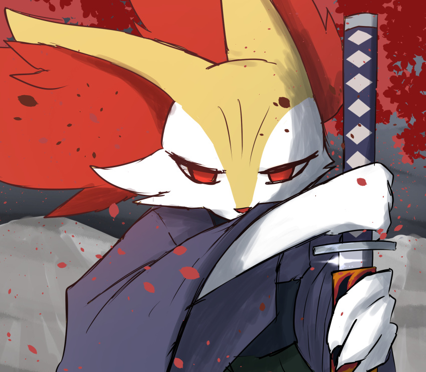 1other animal_ear_fluff animal_ears animal_hands animal_nose blue_kimono body_fur braixen cherry_blossoms clothed_pokemon commentary_request falling_petals fox_ears furry glint half-closed_eyes hands_up highres holding holding_sheath holding_sword holding_weapon japanese_clothes katana kimono long_sleeves looking_at_viewer one-hour_drawing_challenge other_focus owata_(twrt4388) petals pokemon pokemon_(creature) red_eyes sheath sketch solo standing straight-on sword two-tone_fur unsheathing upper_body weapon white_fur wide_sleeves yellow_fur