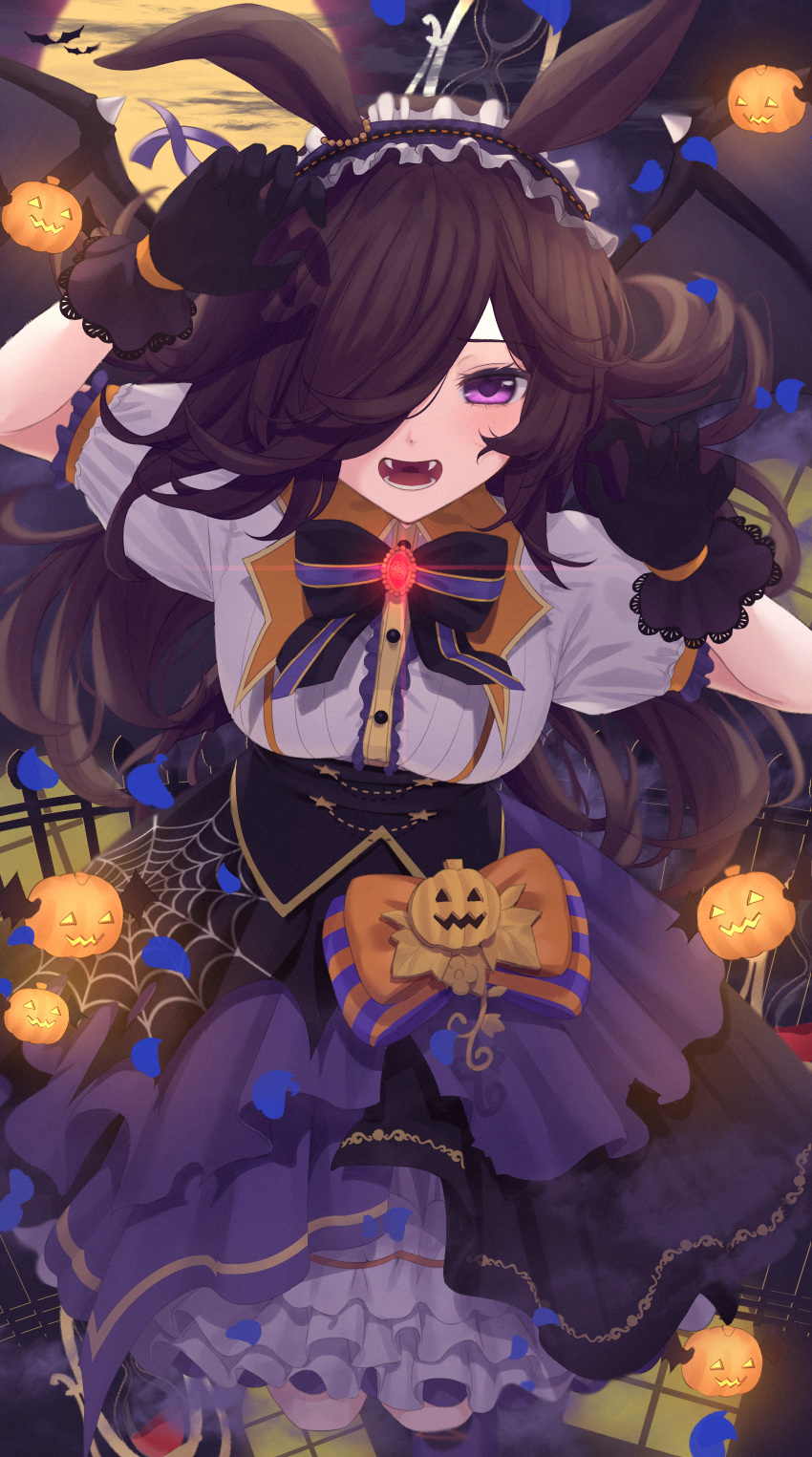 1girl absurdres animal_ears black_gloves bow brown_hair bubble_skirt claw_pose demon_wings dress fake_wings fangs fence frilled_dress frilled_hairband frills gloves hairband halloween highres horse_ears horse_girl inui_(inuiw_) jack-o'-lantern lace-trimmed_gloves lace_trim long_hair looking_at_viewer moon multicolored_clothes multicolored_dress night open_mouth outdoors puffy_short_sleeves puffy_sleeves purple_bow purple_dress rice_shower_(umamusume) short_sleeves skirt solo spider_web_print umamusume violet_eyes wings