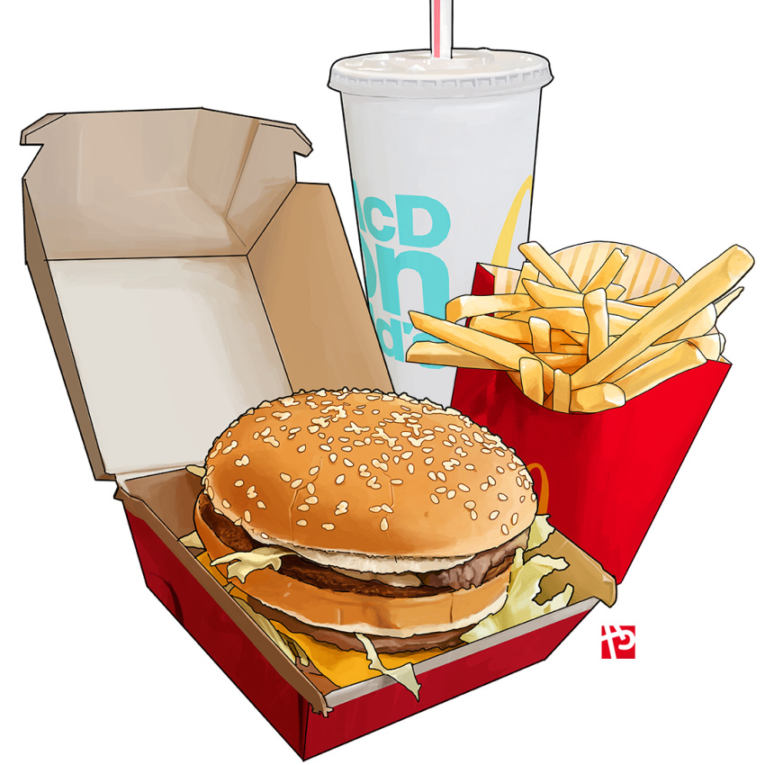 big_mac burger cheese cup disposable_cup drinking_straw food food_focus french_fries lettuce mcdonald's no_humans sesame_seeds still_life studiolg watermark white_background