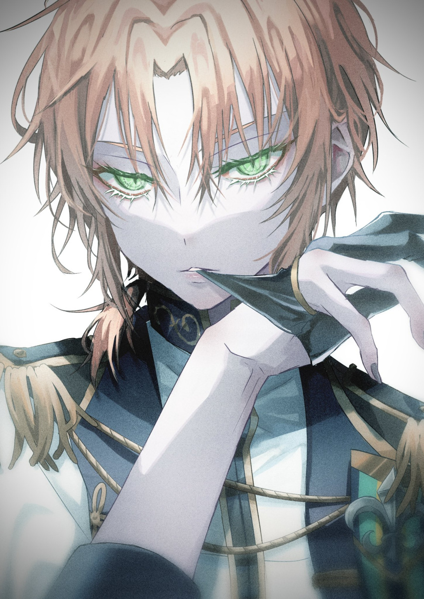 1boy adjusting_clothes adjusting_gloves aiguillette bangs biting black_gloves black_nails ensemble_stars! epaulettes eyelashes glove_biting glove_in_mouth gloves green_eyes hair_over_shoulder hand_up highres looking_at_viewer male_focus mouth_hold orange_hair parted_bangs partially_fingerless_gloves ponytail portrait putting_on_gloves slit_pupils solo suteppu212 tsukinaga_leo white_background