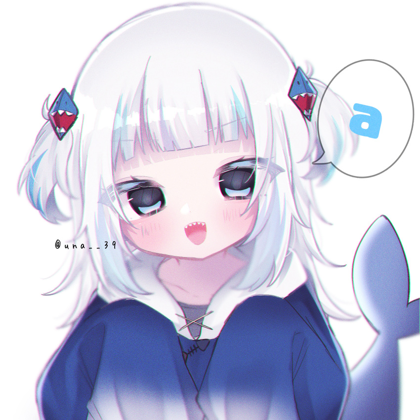 1girl :d a_(phrase) bangs blue_eyes blue_hair blue_hoodie blunt_bangs blush fish_tail gawr_gura grey_hair hair_ornament highres hololive hololive_english hood hoodie long_hair long_sleeves looking_at_viewer multicolored_hair open_mouth shark_girl shark_hair_ornament shark_tail sharp_teeth sleeves_past_fingers sleeves_past_wrists smile solo streaked_hair tail teeth twitter_username two_side_up una_(una_39) upper_body virtual_youtuber