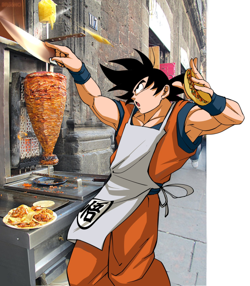 1boy apron arms_up black_eyes blue_sash blue_shirt blue_wristband broonoart dougi dragon_ball food hands_up highres holding holding_food holding_knife knife looking_to_the_side looking_up orange_pants pants photo_background plate sash shirt short_sleeves solo son_goku spanish_commentary spiky_hair standing taco upper_body vertical_rotisserie white_apron