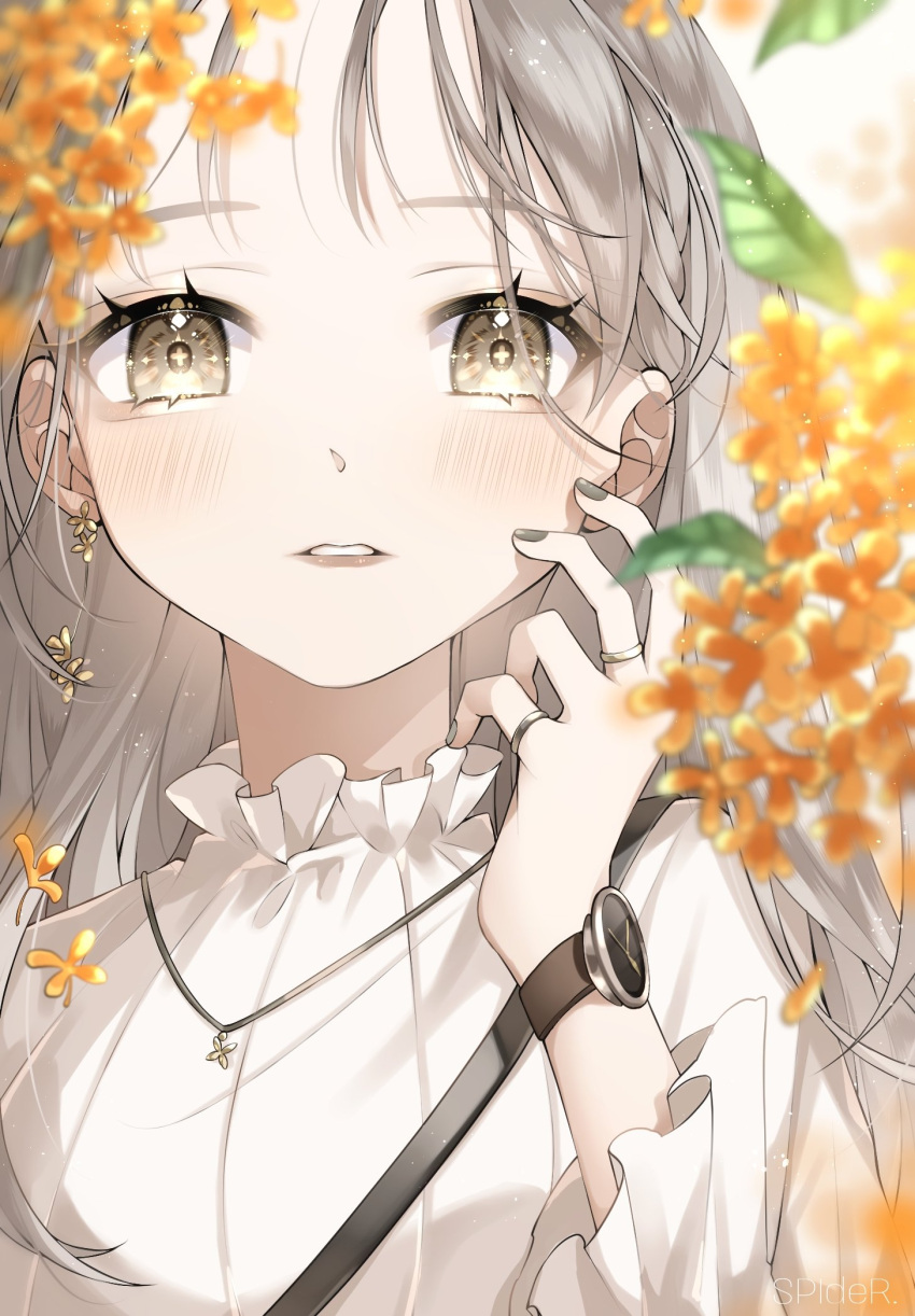 1girl blurry blurry_foreground blush close-up collar commentary_request frilled_collar frills grey_eyes hand_on_own_face highres jewelry necklace original ring silver_nails solo spide_r_(mxpm3455) teeth watch watch white_background