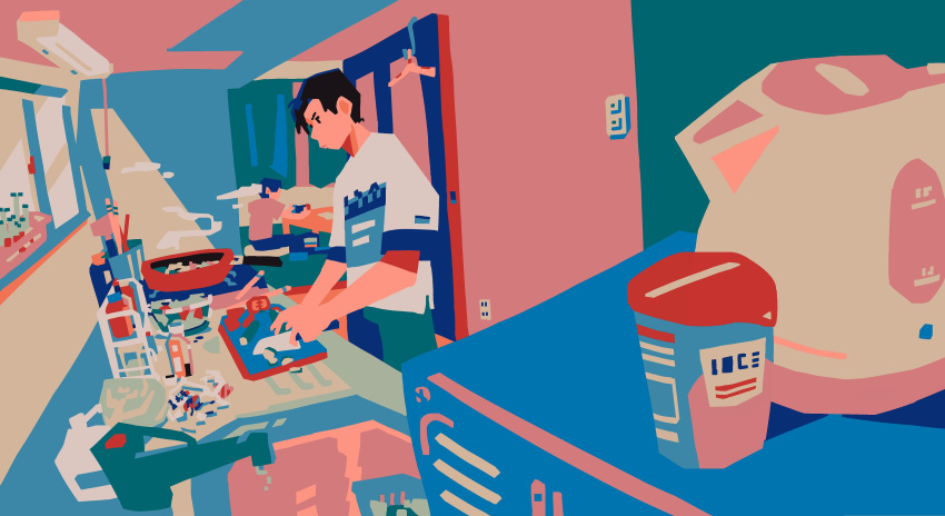 2boys absurdres black_hair cooking cutting cutting_board faucet from_side handheld_game_console highres holding holding_handheld_game_console indoors kettle kitchen light_switch male_focus multiple_boys nintendo_switch original ponsuke_kaikai short_hair sink standing switch tomato tomato_slice window