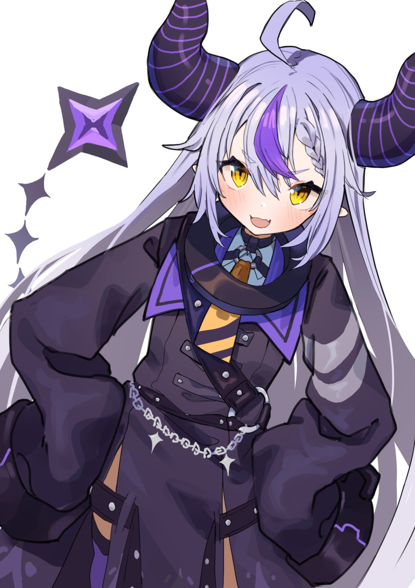 1girl :d ahoge bangs black_dress blush braid demon_horns dress dutch_angle fang grey_hair hair_between_eyes hands_on_hips highres hololive horns la+_darknesss long_hair long_sleeves looking_at_viewer moutama multicolored_hair pointy_ears purple_hair simple_background sleeves_past_fingers sleeves_past_wrists smile solo streaked_hair v-shaped_eyebrows very_long_hair virtual_youtuber white_background yellow_eyes