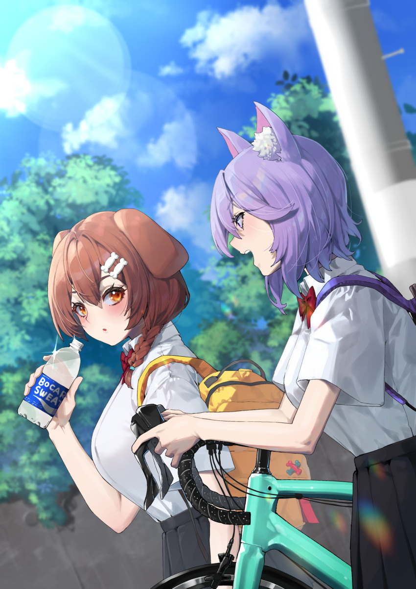2girls absurdres animal_ears backpack bag bangs bicycle black_skirt blue_sky blush bone_hair_ornament bottle bow bowtie braid brand_name_imitation breasts brown_eyes brown_hair cat_ears clouds collared_shirt day dog_ears ground_vehicle hair_ornament highres holding holding_bottle hololive inugami_korone lens_flare looking_at_another medium_hair mikan_(chipstar182) multiple_girls nekomata_okayu open_mouth outdoors parted_lips pleated_skirt purple_hair red_bow red_bowtie school_uniform shirt short_sleeves skirt sky tree water_bottle white_shirt