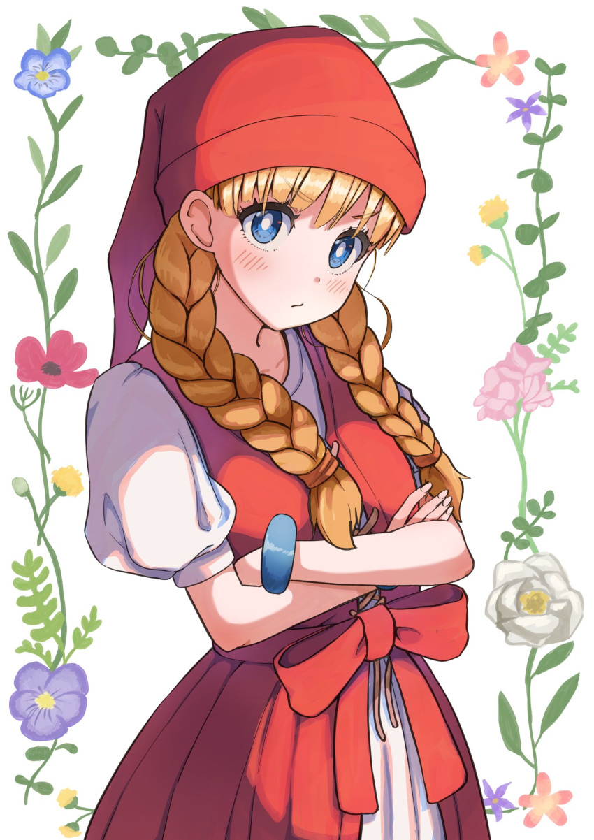 1girl blonde_hair blue_eyes blush bracelet braid bright_pupils closed_mouth crossed_arms dragon_quest dragon_quest_xi highres jewelry long_hair looking_at_viewer neko_(hansinn) puffy_short_sleeves puffy_sleeves short_sleeves solo twin_braids upper_body veronica_(dq11) white_pupils