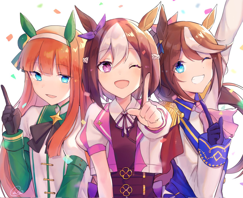 3girls animal_ears arm_up ascot bangs black_gloves blue_eyes blush brown_hair cho_k_(choco_tcl) collared_shirt confetti cropped_jacket ear_bow ear_covers epaulettes gloves grin hand_up highres horse_ears index_finger_raised jacket long_hair long_sleeves looking_at_viewer multicolored_hair multiple_girls one_eye_closed open_mouth orange_hair pink_ascot ponytail puffy_short_sleeves puffy_sleeves reaching_out shirt short_hair short_sleeves signature silence_suzuka_(umamusume) single_epaulette smile special_week_(umamusume) streaked_hair tokai_teio_(umamusume) two-tone_hair umamusume upper_body vest violet_eyes white_background white_shirt