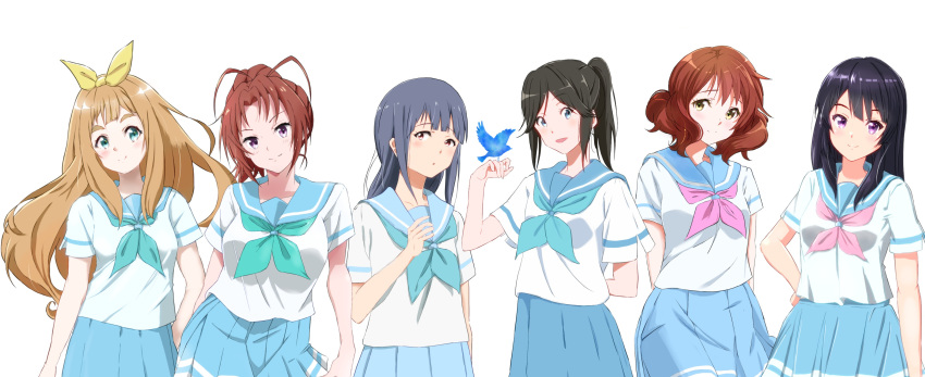 6+girls absurdres bangs bird black_hair blonde_hair blue_eyes blue_hair blue_neckerchief blue_sailor_collar blue_skirt bluebird blush brown_eyes brown_hair closed_mouth green_eyes hair_ribbon hibike!_euphonium highres kasaki_nozomi kitauji_high_school_uniform kousaka_reina liz_to_aoi_tori long_hair looking_at_viewer multiple_girls nakagawa_natsuki neckerchief nozo133 oumae_kumiko parted_lips pink_neckerchief pleated_skirt ponytail ribbon sailor_collar school_uniform serafuku shirt short_hair short_sleeves simple_background skirt smile uniform violet_eyes white_background white_shirt yellow_ribbon yoroizuka_mizore yoshikawa_yuuko