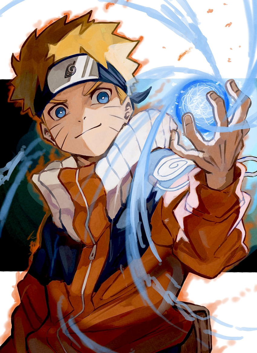 1boy blonde_hair blue_eyes child commentary_request energy_ball facial_mark fantasy forehead_protector glowing highres looking_at_viewer male_child male_focus naruto naruto_(series) ninja shion_(1016_shio) short_hair smile solo uzumaki_naruto whisker_markings