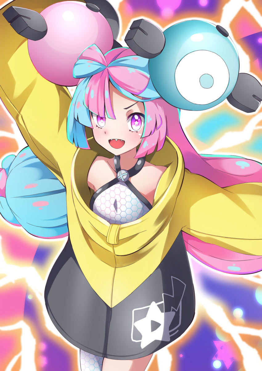 1girl aqua_hair bangs blush character_hair_ornament commentary_request electricity hair_ornament highres iono_(pokemon) jacket looking_at_viewer miyama-san open_mouth pink_hair pokemon pokemon_(game) pokemon_sv sharp_teeth shirt single_leg_pantyhose sleeveless sleeveless_shirt smile solo star_(symbol) star_in_eye symbol_in_eye teeth tongue twintails upper_teeth violet_eyes white_shirt yellow_jacket