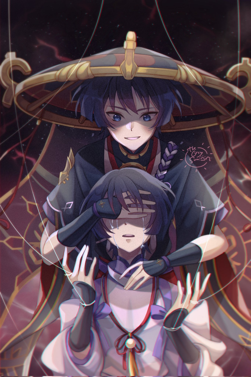 2boys arm_armor artist_name bangs black_background black_shirt blue_eyes blue_hair bow brown_bow closed_mouth covering_eyes crying detached_sleeves english_commentary genshin_impact gold gradient gradient_background grey_headwear hair_between_eyes hands_up hat highres jewelry jingasa long_sleeves looking_at_another looking_down mandarin_collar mitsudomoe_(shape) multiple_boys necklace open_mouth petals pink_vest pom_pom_(clothes) purple_bow purple_shirt red_background red_bow red_headwear scaramouche_(genshin_impact) shirt short_hair smile standing tears teeth thegreysun1 thread tomoe_(symbol) vest wide_sleeves