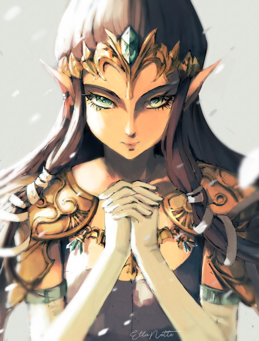 1girl armor artist_name brown_hair dress elbow_gloves ellanotte expressionless gloves green_eyes highres long_hair looking_at_viewer own_hands_together pointy_ears portrait princess princess_zelda shoulder_armor signature solo the_legend_of_zelda the_legend_of_zelda:_twilight_princess tiara white_gloves