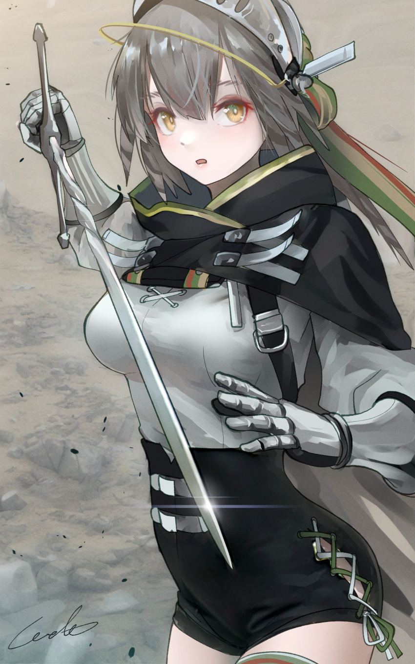 1girl absurdres arknights black_cape black_shorts breasts cape cowboy_shot fartooth_(arknights) feather_hair gauntlets grey_background grey_hair highres holding holding_sword holding_weapon long_hair medium_breasts open_mouth shirt shorts signature simple_background solo sword visor_(armor) visor_lift weapon welt_(kinsei_koutenkyoku) white_shirt yellow_eyes