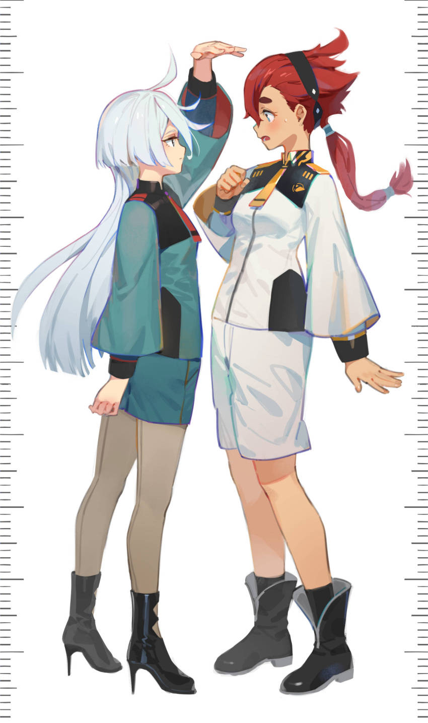 2girls absurdres ahoge ankle_boots arm_up black_footwear black_hairband black_socks blue_eyes blush boots commentary_request ddal full_body green_jacket green_shorts grey_hair grey_pantyhose gundam gundam_suisei_no_majo hairband hand_up height_difference height_mark high_heels highres jacket long_hair long_sleeves looking_at_another low_ponytail miorine_rembran multiple_girls necktie open_mouth pantyhose red_necktie redhead school_uniform shorts socks standing suletta_mercury sweatdrop thick_eyebrows white_jacket white_shorts wide_sleeves yellow_necktie