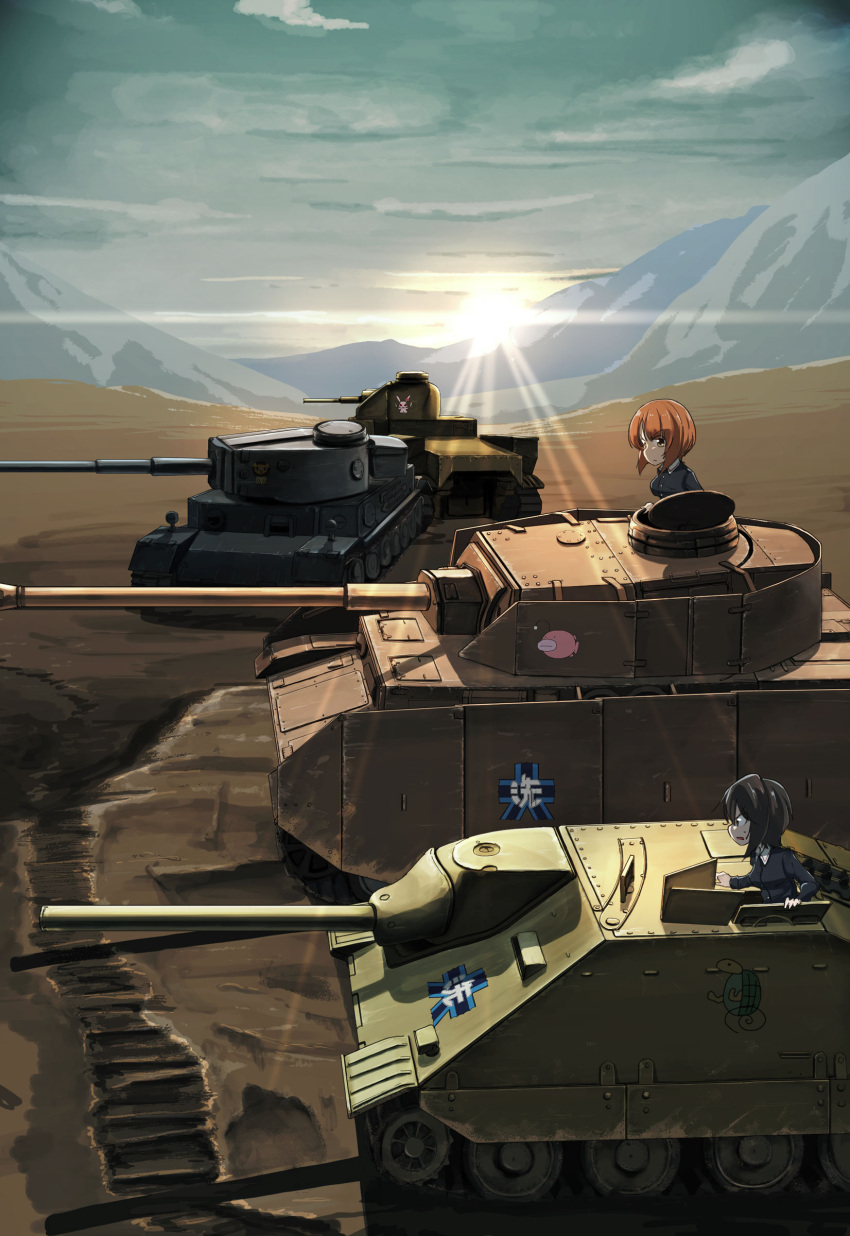 2girls absurdres anglerfish bangs black_hair blue_jacket brown_eyes brown_hair caterpillar_tracks closed_mouth commentary day emblem frown girls_und_panzer ground_vehicle highres jacket jagdpanzer_38(t) jinguu_(4839ms) kawashima_momo leopon_(animal) long_sleeves m3_lee military military_uniform military_vehicle monocle motor_vehicle mountainous_horizon multiple_girls nishizumi_miho ooarai_(emblem) ooarai_military_uniform open_mouth outdoors panzerkampfwagen_iv rabbit short_hair sunrise sweatdrop tank tiger_(p) turtle uniform