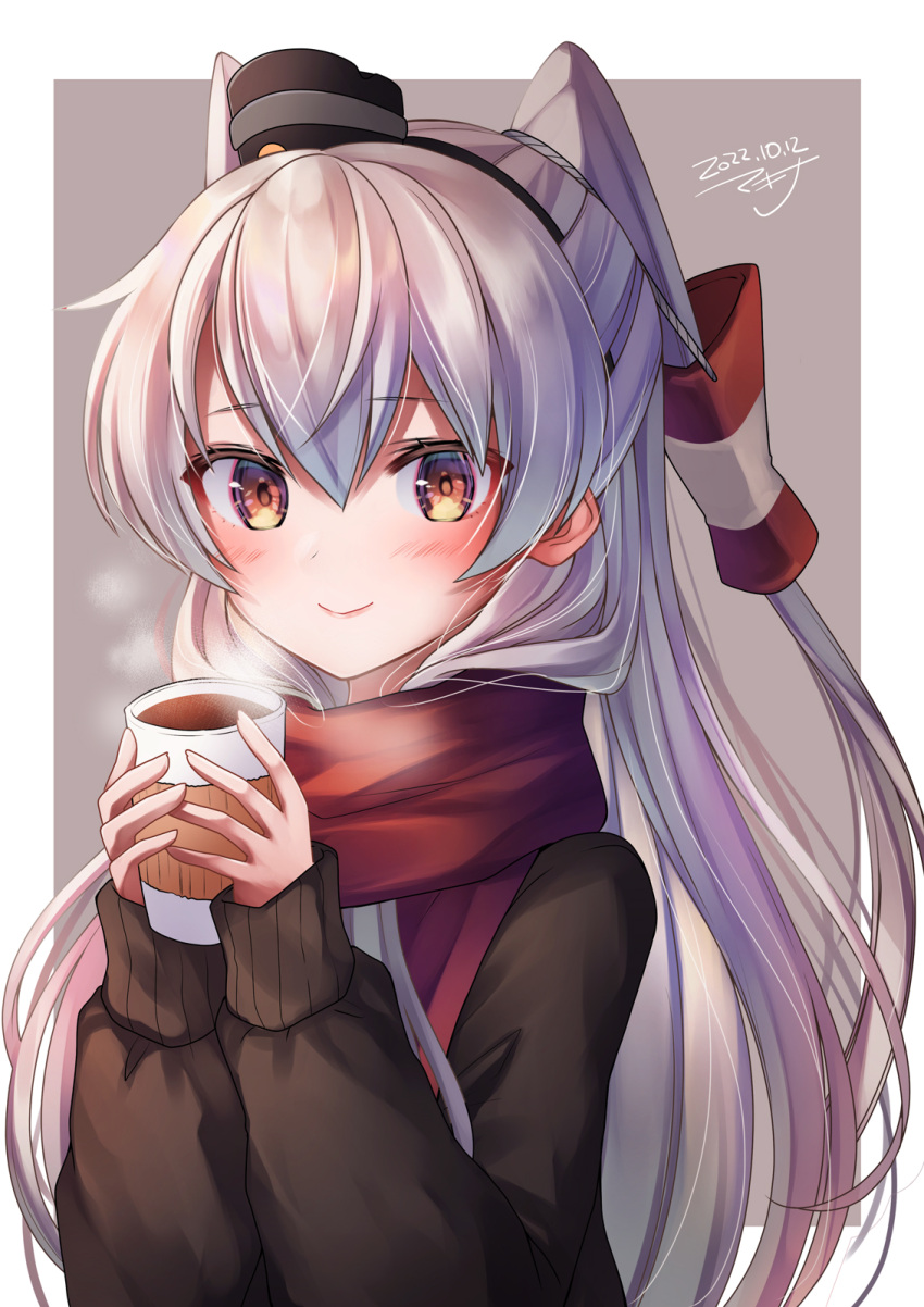 1girl amatsukaze_(kancolle) brown_background coffee_cup cup dated disposable_cup grey_hair hair_tubes hat highres jacket kantai_collection long_hair makina00 mini_hat red_scarf scarf signature smokestack_hair_ornament solo two_side_up upper_body white_background white_hair