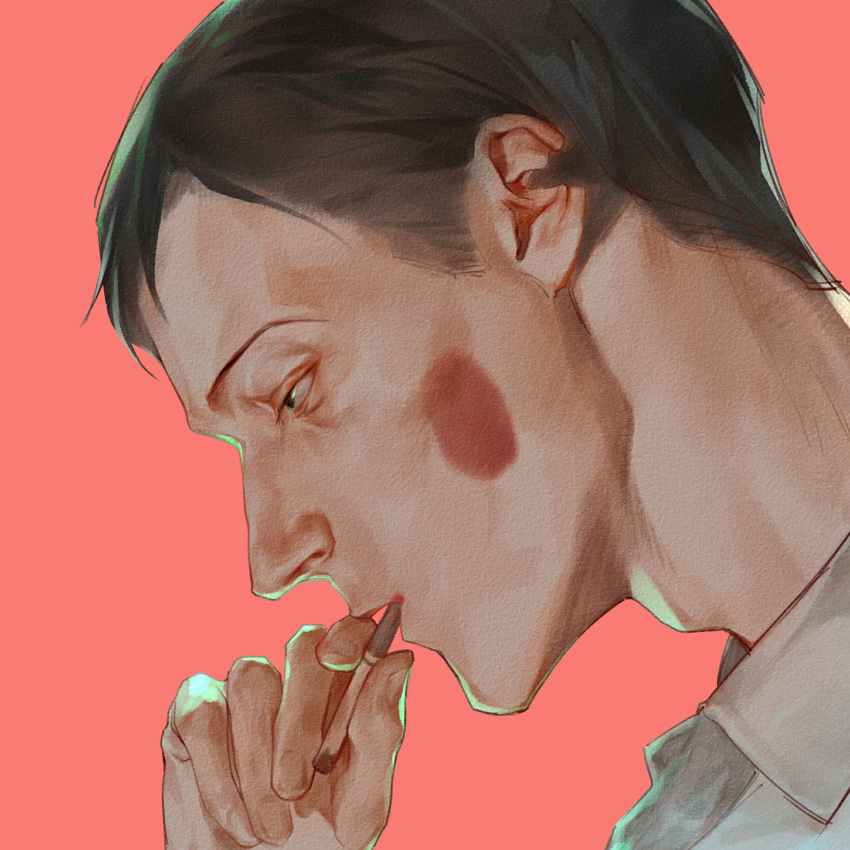 adam's_apple backlighting bangs black_hair blush_stickers cigarette doufukuai2 ekubo_(mob_psycho_100) from_side hand_up highres holding holding_cigarette looking_away male_focus mob_psycho_100 mouth_hold pink_background portrait profile short_hair simple_background solo