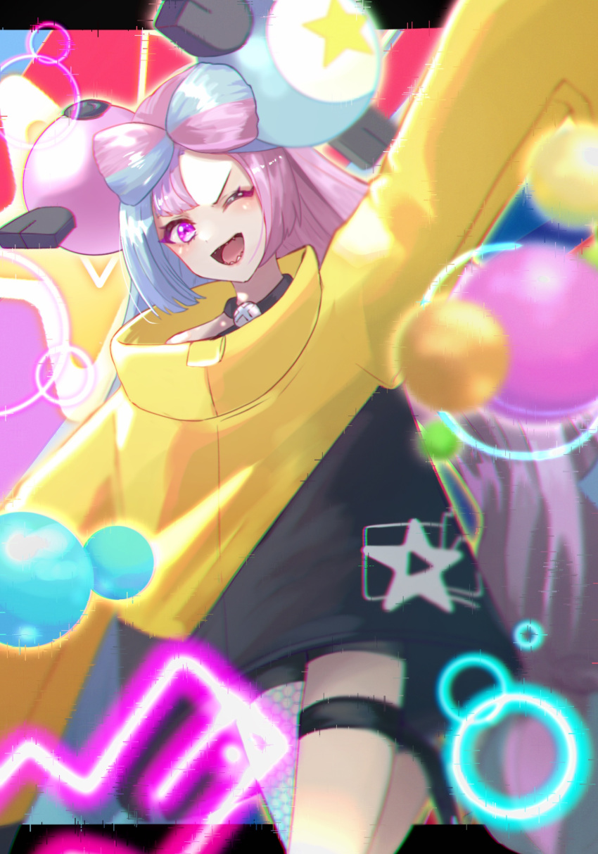 1girl ;d absurdres arm_up bangs black_shorts blurry commentary_request eyelashes highres iono_(pokemon) jacket long_hair one_eye_closed open_mouth pokemon pokemon_(game) pokemon_sv purple_hair sharp_teeth shorts single_leg_pantyhose smile solo ssn_(sasa8u9r) teeth thigh_strap tongue twintails violet_eyes yellow_jacket