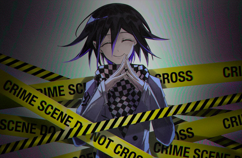 1boy artist_name bangs black_hair black_scarf buttons checkered_clothes checkered_scarf crime_scene danganronpa_(series) danganronpa_v3:_killing_harmony double-breasted facing_viewer flipped_hair gradient gradient_background grey_background grey_jacket hands_up highres jacket male_focus multicolored_hair ouma_kokichi own_hands_together pink_hair scarf smile solo two-tone_hair upper_body very_fruity white_scarf