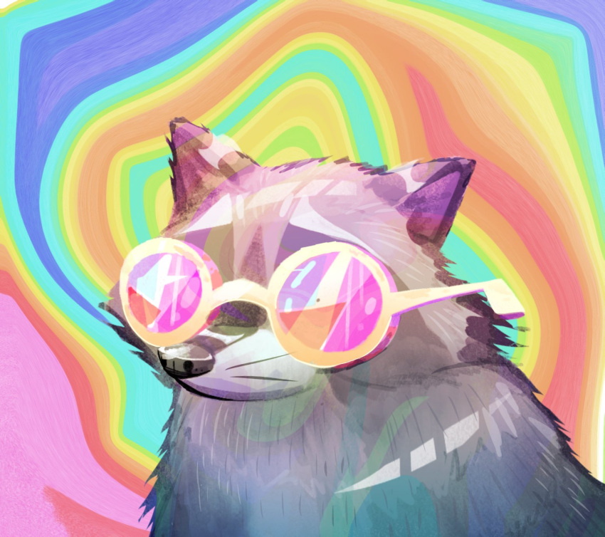 english_commentary glasses gradient_fur grey_fur happyraccoons highres looking_afar multicolored_background no_humans original psychedelic raccoon shiny upper_body