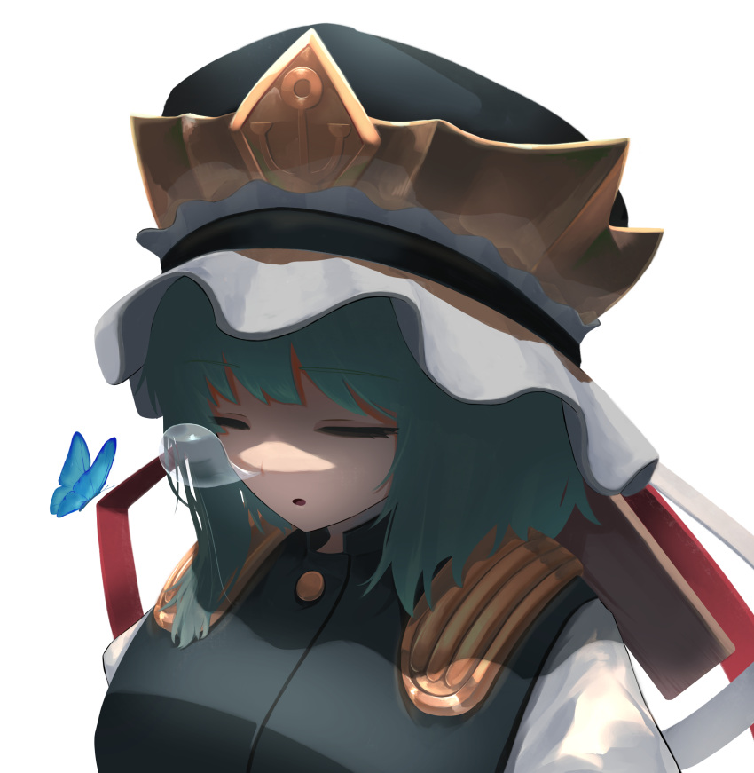 1girl absurdres bangs black_headwear blue_butterfly breasts bug butterfly closed_eyes commentary epaulettes frilled_hat frills green_hair grey_vest hat highres kiyonetto medium_breasts medium_hair nose_bubble open_mouth portrait shiki_eiki shirt simple_background sleeping solo touhou vest white_background white_shirt