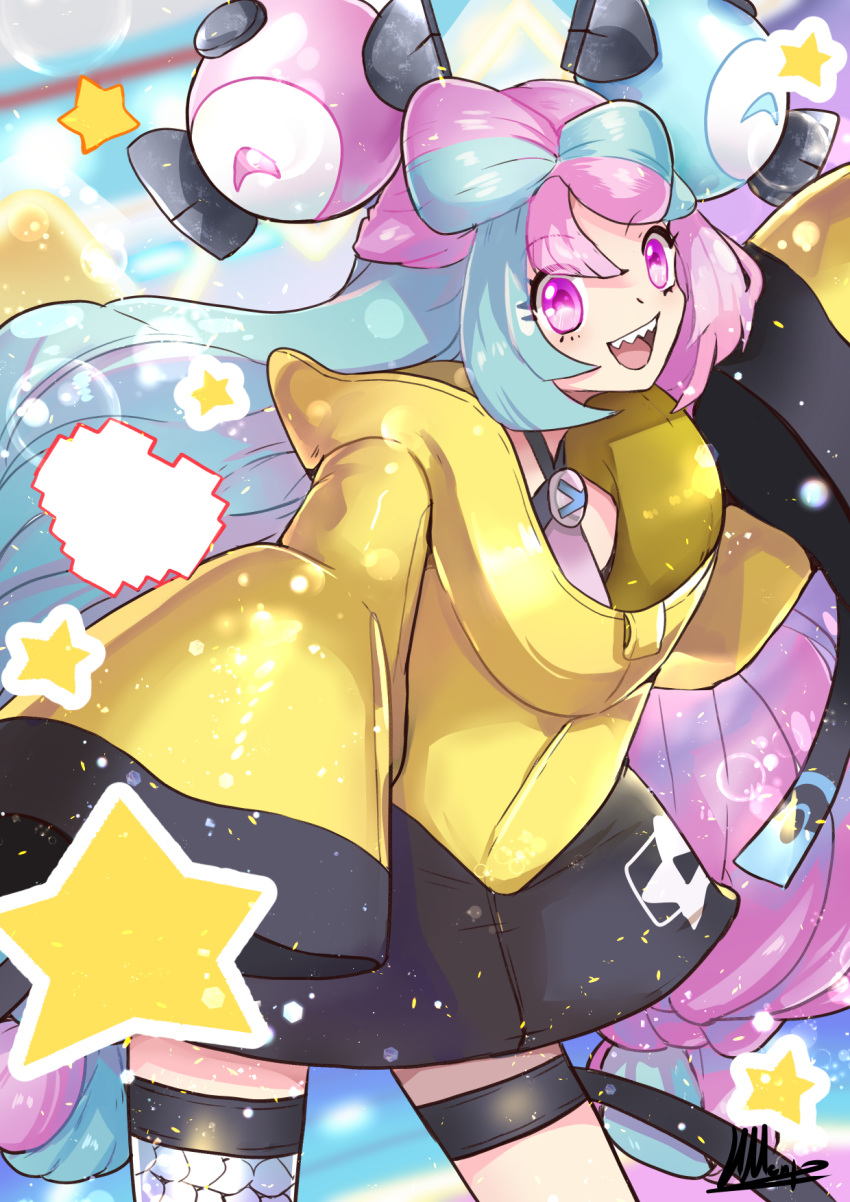 1girl :d bangs character_hair_ornament commentary eyelashes green_hair hair_ornament highres iono_(pokemon) jacket long_hair open_mouth pokemon pokemon_(game) pokemon_sv purple_hair purple_shirt sharp_teeth shirt signature single_thighhigh sleeves_past_fingers sleeves_past_wrists smile solo teeth thigh-highs thigh_strap tongue twintails upper_teeth violet_eyes wide_sleeves yami11 yellow_jacket