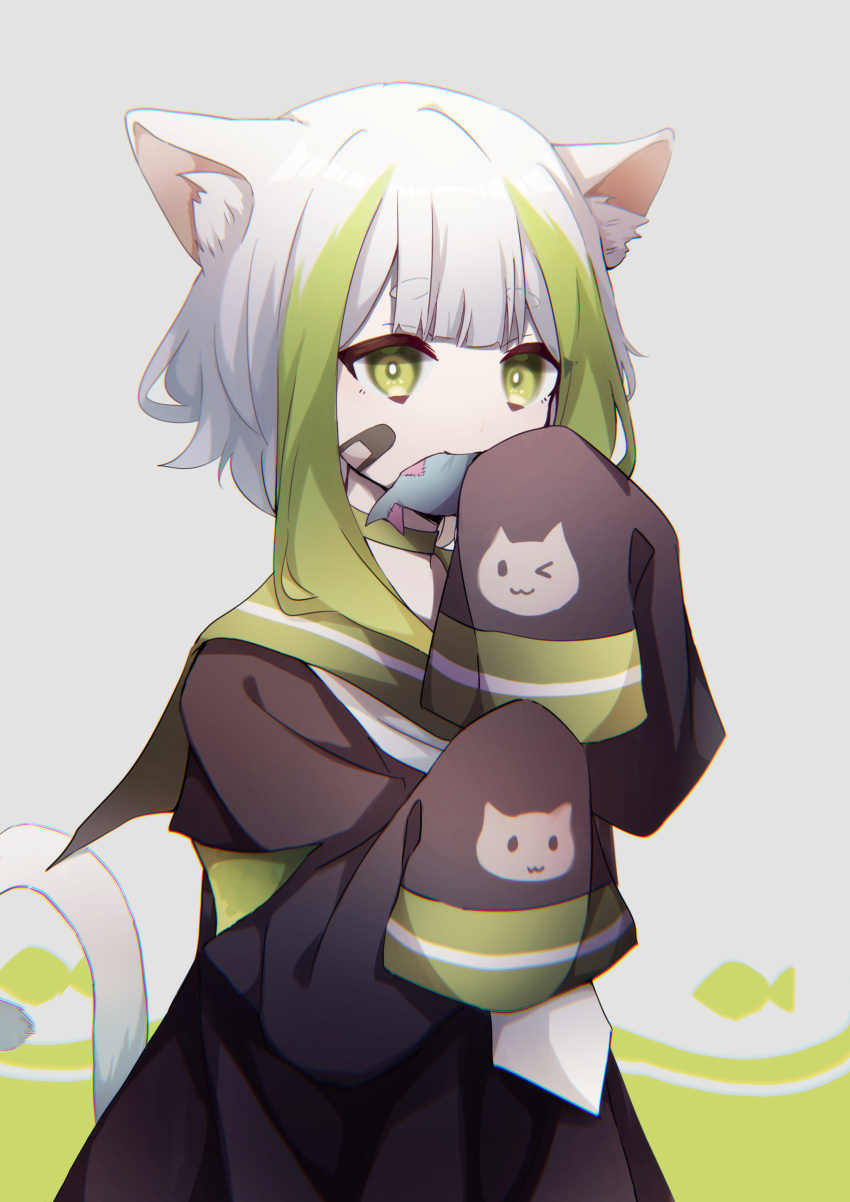 1other absurdres animal_ear_fluff animal_ears animal_print black_dress cat_ears cat_print cat_tail dress green_eyes green_hair highres kitsunemiyoru long_sleeves mouth_hold multicolored_hair original puffy_long_sleeves puffy_sleeves sailor_collar sailor_dress short_hair sleeves_past_fingers sleeves_past_wrists stuffed_animal stuffed_fish stuffed_toy tail two-tone_hair white_hair