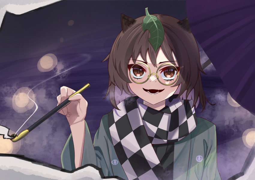 1girl :d absurdres animal_ears bangs brown_eyes brown_hair checkered_clothes checkered_scarf futatsuiwa_mamizou glasses green_kimono heaven4014 highres holding holding_smoking_pipe japanese_clothes kimono kiseru leaf leaf_on_head long_sleeves looking_at_viewer open_mouth raccoon_ears raccoon_girl scarf short_hair smile smoke smoking smoking_pipe solo touhou upper_body