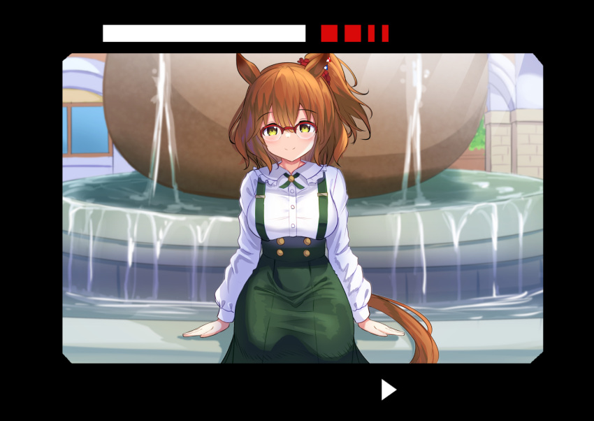 1girl animal_ears aston_machan_(umamusume) blush breasts brown_hair casual commentary_request crown fountain glasses horse_ears horse_tail large_breasts looking_at_viewer medium_hair recording sitting smile solo tail umamusume yellow_eyes yuutopia