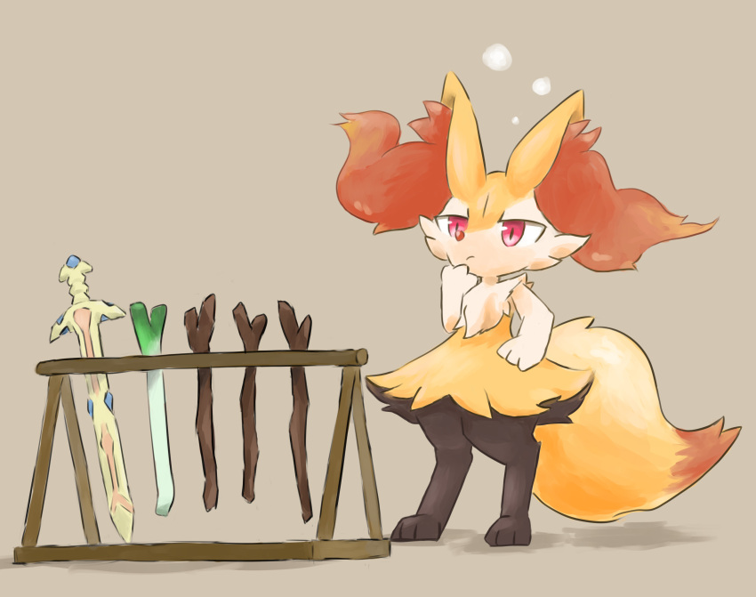 1girl :/ absurdres animal_ear_fluff animal_ears animal_feet animal_hands animal_nose black_fur body_fur braixen brown_background closed_mouth commentary_request flat_chest fox_ears fox_girl fox_tail fur_collar furry furry_female hand_on_hip hand_on_own_chin hand_up highres multicolored_fur pokemon pokemon_(creature) red_eyes san_(sanchimpo) simple_background solo spring_onion stick stroking_own_chin sword tail thinking weapon weapon_rack white_fur yellow_fur