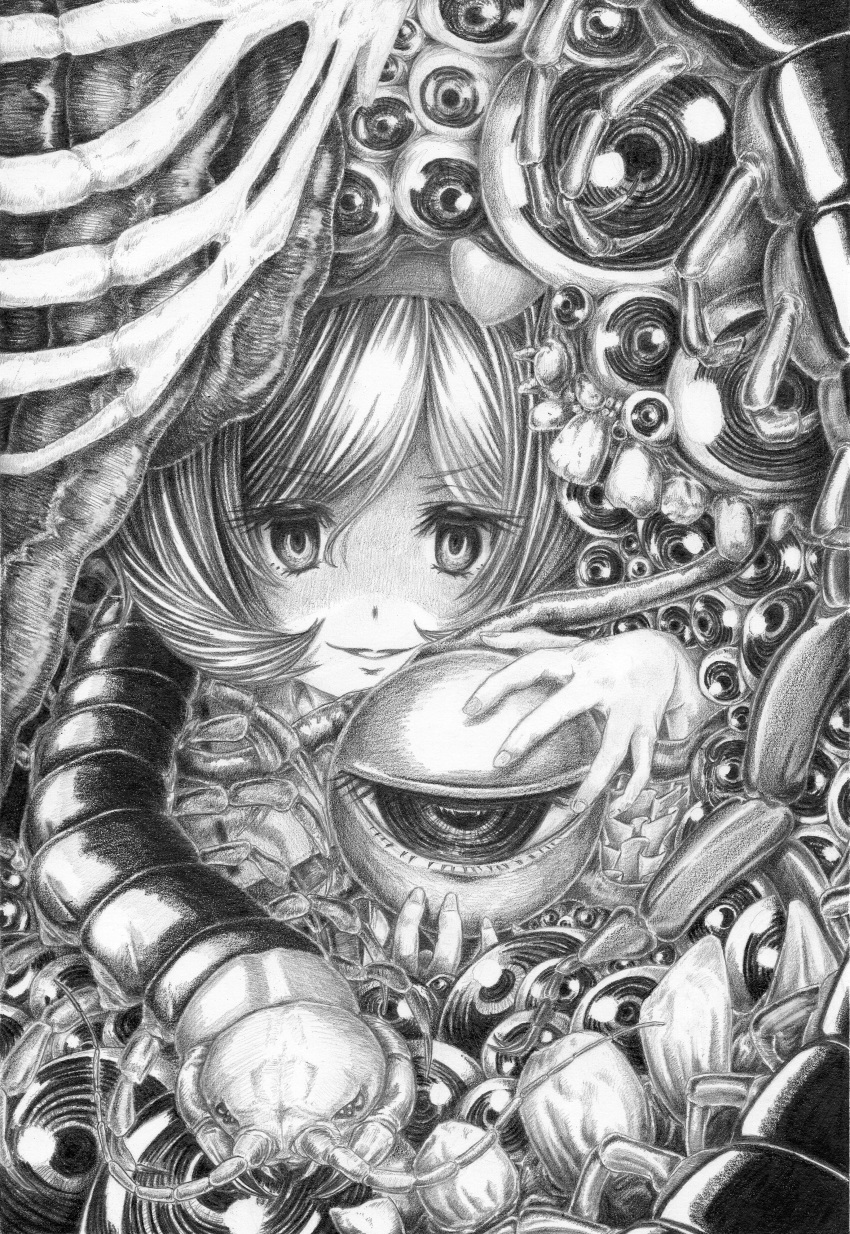 1girl absurdres bug centipede commentary_request fingernails graphite_(medium) greyscale grin hairband heart highres holding_eye horror_(theme) komeiji_satori looking_at_viewer medium_hair monochrome ribs sek-it smile solo third_eye too_many_eyes touhou traditional_media
