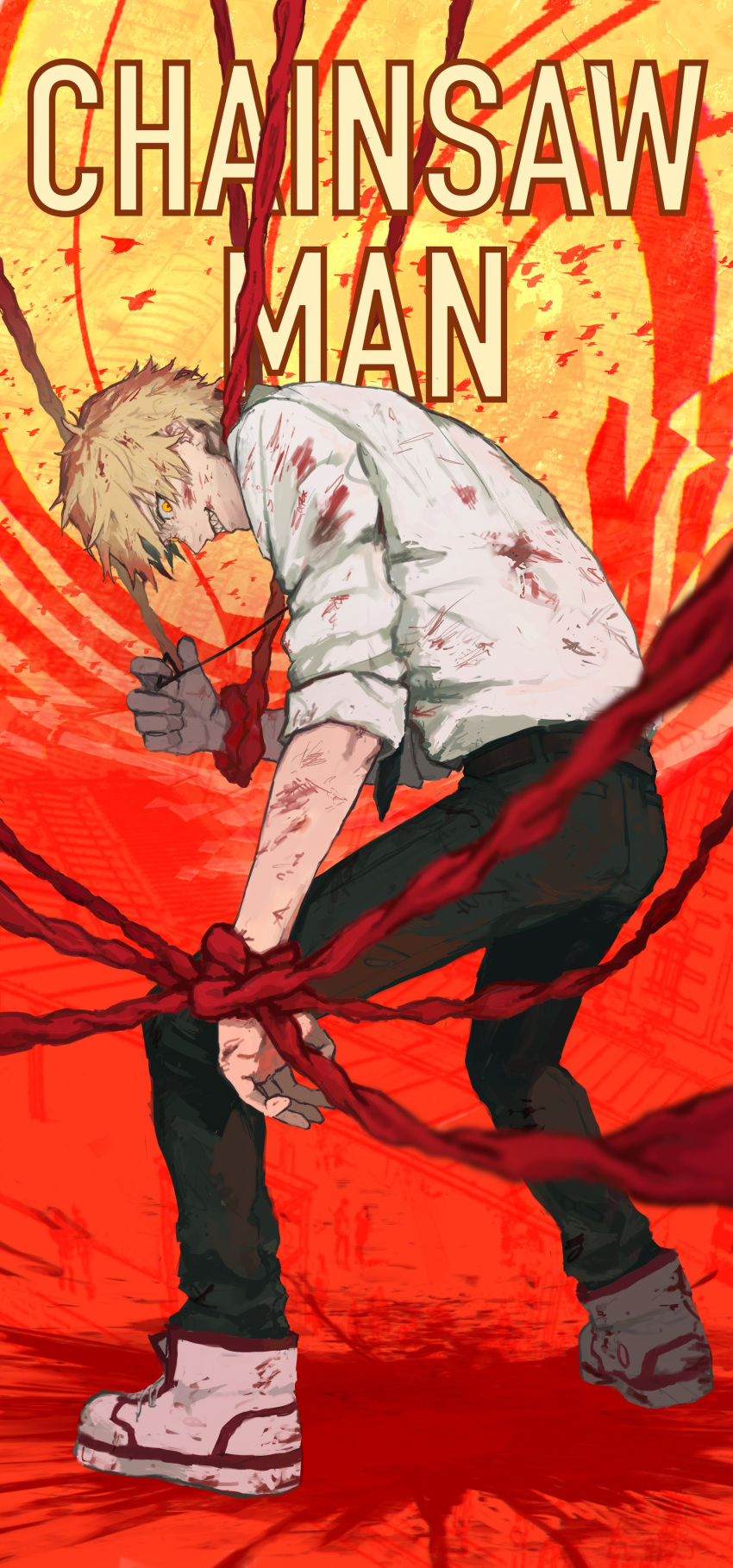1boy absurdres black_pants blonde_hair blood blood_on_clothes chainsaw_man chu2_sec collared_shirt denji_(chainsaw_man) highres looking_at_viewer looking_back organs pants pulling sharp_teeth shirt shoes sleeves_rolled_up smile sneakers solo teeth