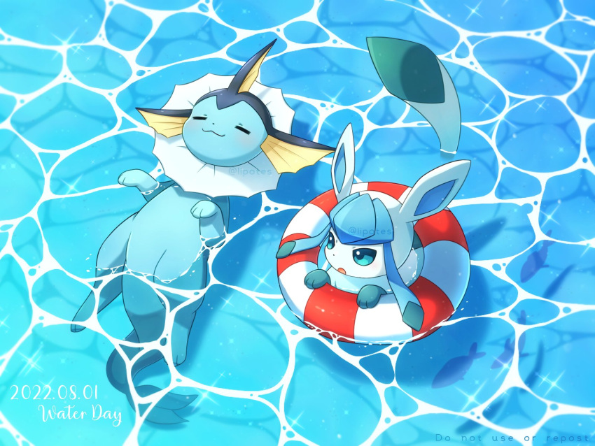 alopias animal_ears blue_fur closed_eyes closed_mouth fox fox_ears fox_tail glaceon highres open_mouth pokemon pokemon_(creature) pool swimmer swing tail uwu vaporeon