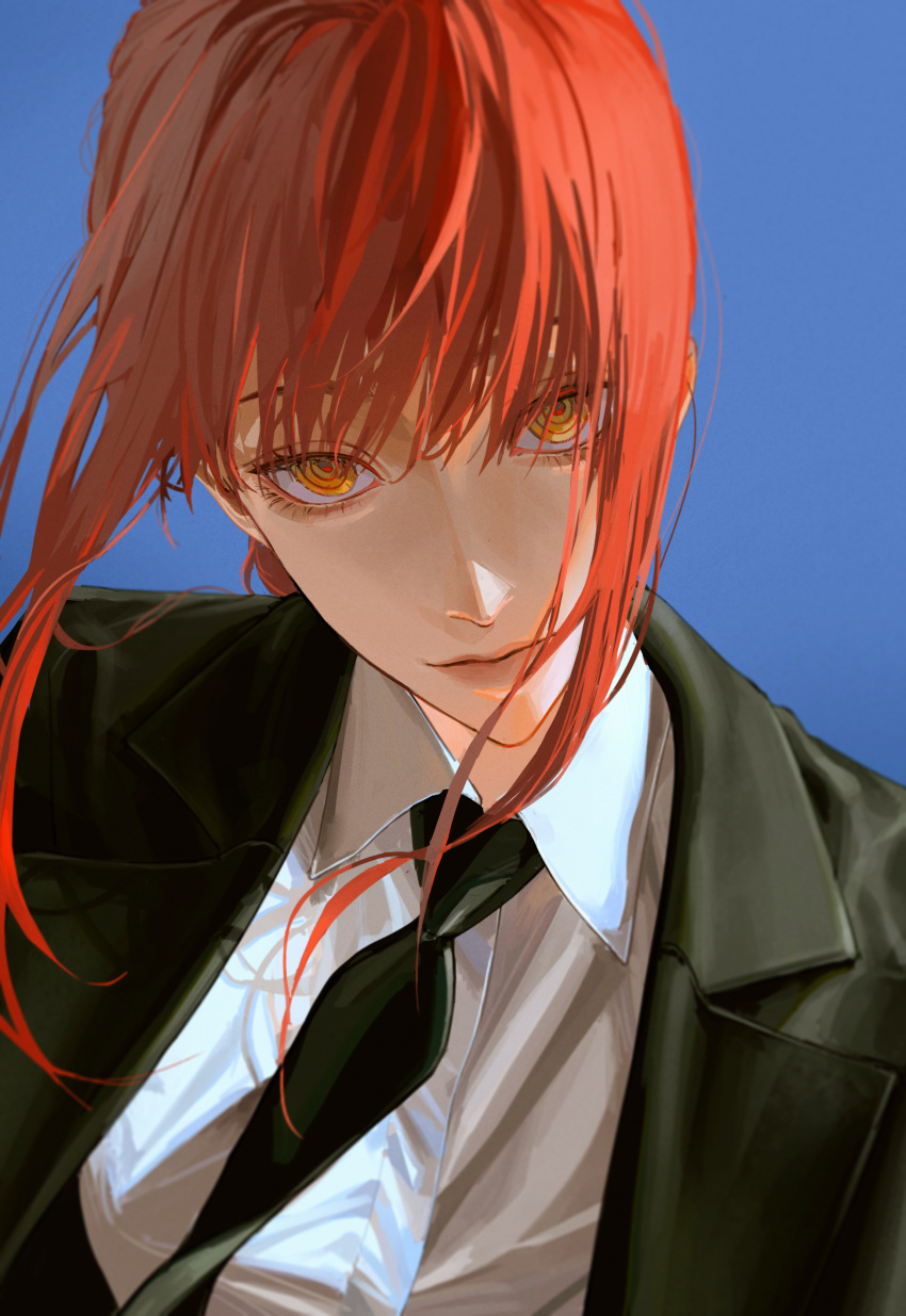 1girl absurdres bangs black_necktie black_suit blue_background chainsaw_man coat collared_shirt formal highres iamthekingofegg long_hair looking_at_viewer makima_(chainsaw_man) necktie redhead ringed_eyes shirt sidelocks simple_background sinister smile solo suit yellow_eyes