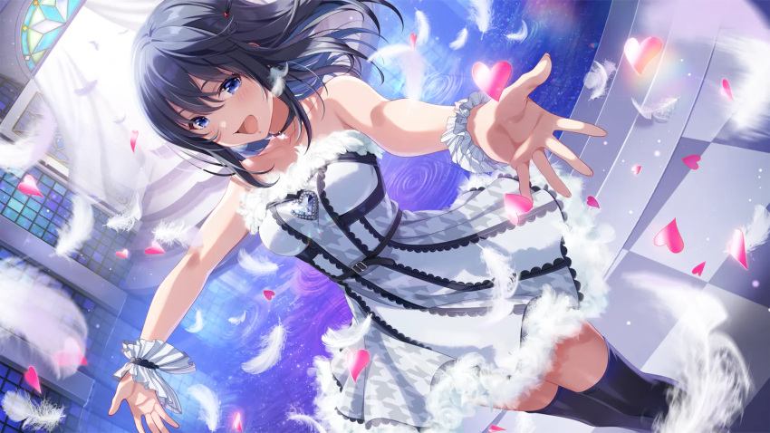 1girl :d bare_shoulders black_choker black_hair blue_eyes blush choker dress feathers heart highres idol idoly_pride nagase_mana off-shoulder_dress off_shoulder official_art open_mouth sleeveless smile stage tagme white_dress