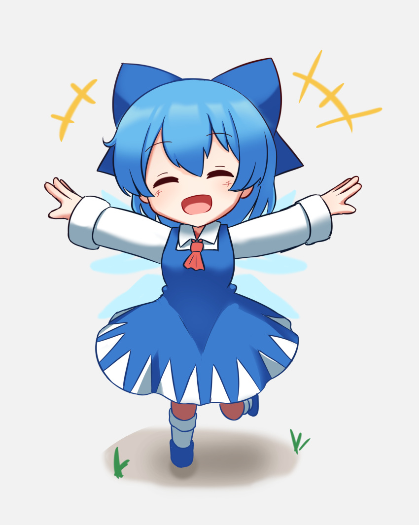 1girl absurdres ascot blue_bow blue_dress blue_footwear blue_hair bow cirno closed_eyes collared_shirt dress ferdy's_lab full_body grass hair_bow highres long_sleeves open_mouth pinafore_dress red_ascot shirt short_hair simple_background socks solo standing standing_on_one_leg touhou white_background white_shirt white_socks