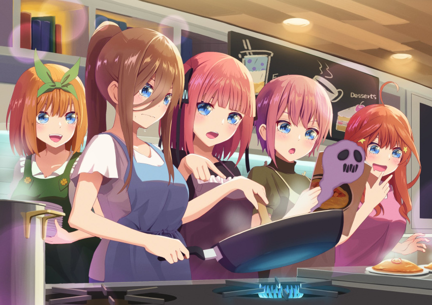 5girls :d ahoge apron bangs black_ribbon black_shirt blue_apron blue_eyes blunt_bangs blush breasts brown_hair butterfly_hair_ornament closed_mouth commentary_request cooking food frying_pan gas go-toubun_no_hanayome green_apron green_ribbon green_shirt hair_between_eyes hair_ornament hair_ribbon highres holding holding_frying_pan indoors large_breasts long_hair medium_hair multiple_girls nakano_ichika nakano_itsuki nakano_miku nakano_nino nakano_yotsuba open_mouth orange_hair pink_apron pink_hair ponytail purple_apron quintuplets redhead ribbon shirt short_hair siblings sidelocks sisters smile star_(symbol) star_hair_ornament teeth upper_body upper_teeth white_shirt yasuba_yuichi yellow_apron