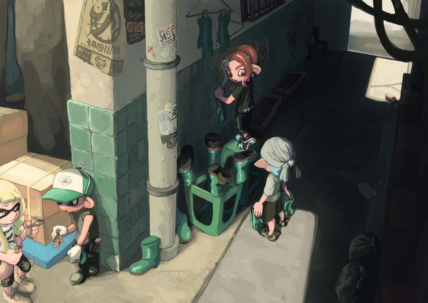 1girl 3boys alley aqua_hair black_footwear black_shorts blonde_hair boots boots_removed box city closed_mouth clothes_hanger ear_piercing gloves gloves_removed green_footwear green_gloves hat highres inkling inkling_boy inkling_girl kotarou_(kotakota_ee) long_hair multiple_boys octoling octoling_boy outdoors pants parted_lips piercing pointy_ears poster_(object) redhead shirt shoes shorts sneakers splatoon_(series) splatoon_3 standing stool tentacle_hair ticket trash_bag white_footwear white_gloves