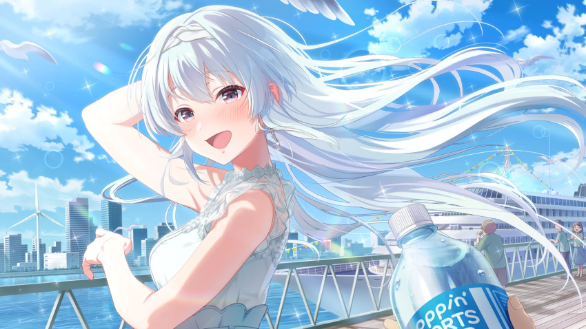 1girl blush hairband highres idoly_pride long_hair looking_at_viewer open_mouth red_eyes sleeveless solo tendou_rui white_hair