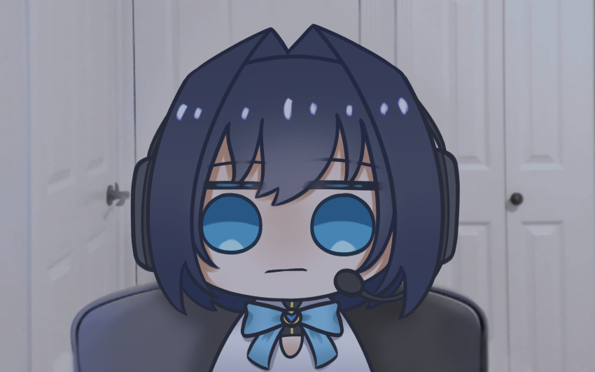 1girl :| absurdres bangs blue_eyes blue_hair blue_ribbon chair chibi closed_mouth commentary door doorknob hair_intakes headphones headset heart-shaped_gem highres hololive hololive_english indoors jitome linus_tech_tips meme microphone no_pupils ouro_kronii ribbon sad_linus_(meme) short_hair sitting symbol-only_commentary uki_shu upper_body virtual_youtuber