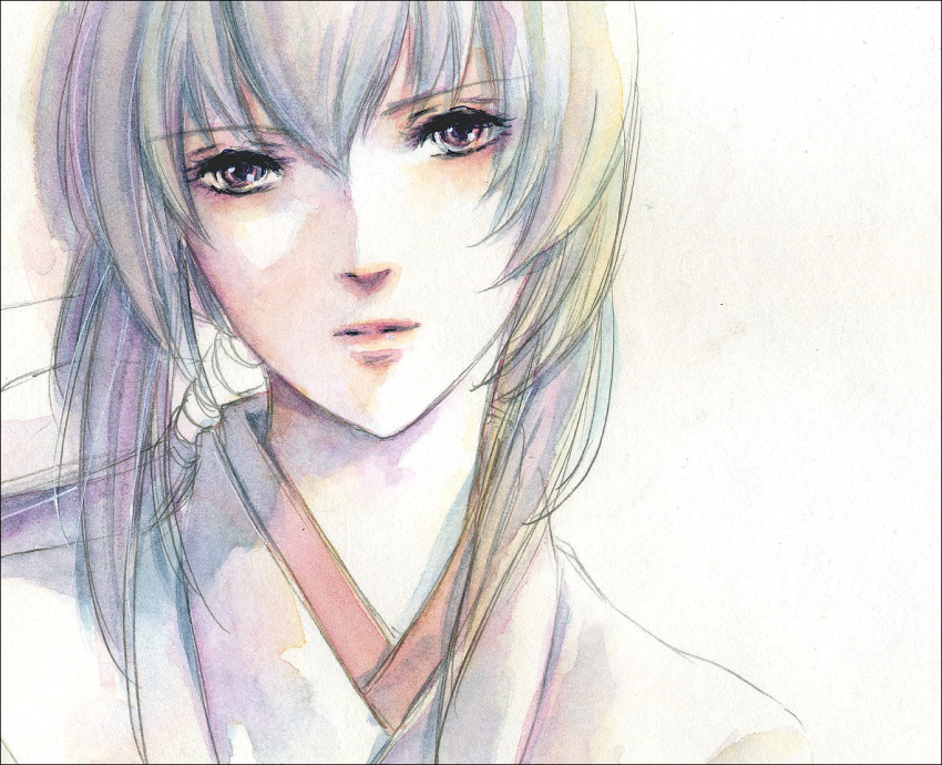 1girl akizuki_isana close-up closed_mouth hair_between_eyes japanese_clothes kimono long_hair looking_at_viewer multicolored_hair painting_(medium) portrait rurouni_kenshin simple_background solo traditional_clothes traditional_media watercolor_(medium) white_background white_kimono yukishiro_tomoe
