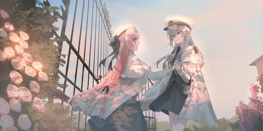 2girls bangs black_necktie blue_eyes blue_sky blush chihuri closed_mouth clouds cloudy_sky collared_shirt day ende_(chihuri) eye_contact fence flower grey_hair grey_skirt grey_vest hair_between_eyes hat highres holding_hands jacket long_sleeves looking_at_another multiple_girls nea_(chihuri) necktie open_clothes open_jacket original outdoors peaked_cap pink_flower pink_hair pink_rose profile rose shirt skirt sky smile vest violet_eyes white_headwear white_jacket white_shirt yuri