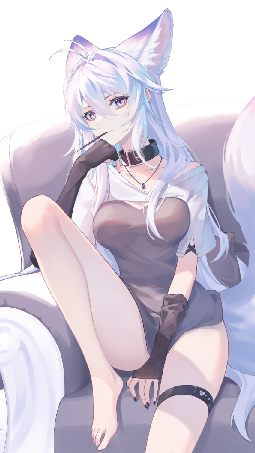 1girl animal_ear_fluff animal_ears black_nails blue_eyes breasts fingerless_gloves food fox_ears fox_girl fox_tail gloves grey_hair highres jewelry kirby_d_a long_hair looking_at_viewer medium_breasts necklace original pocky sitting tail very_long_hair white_hair