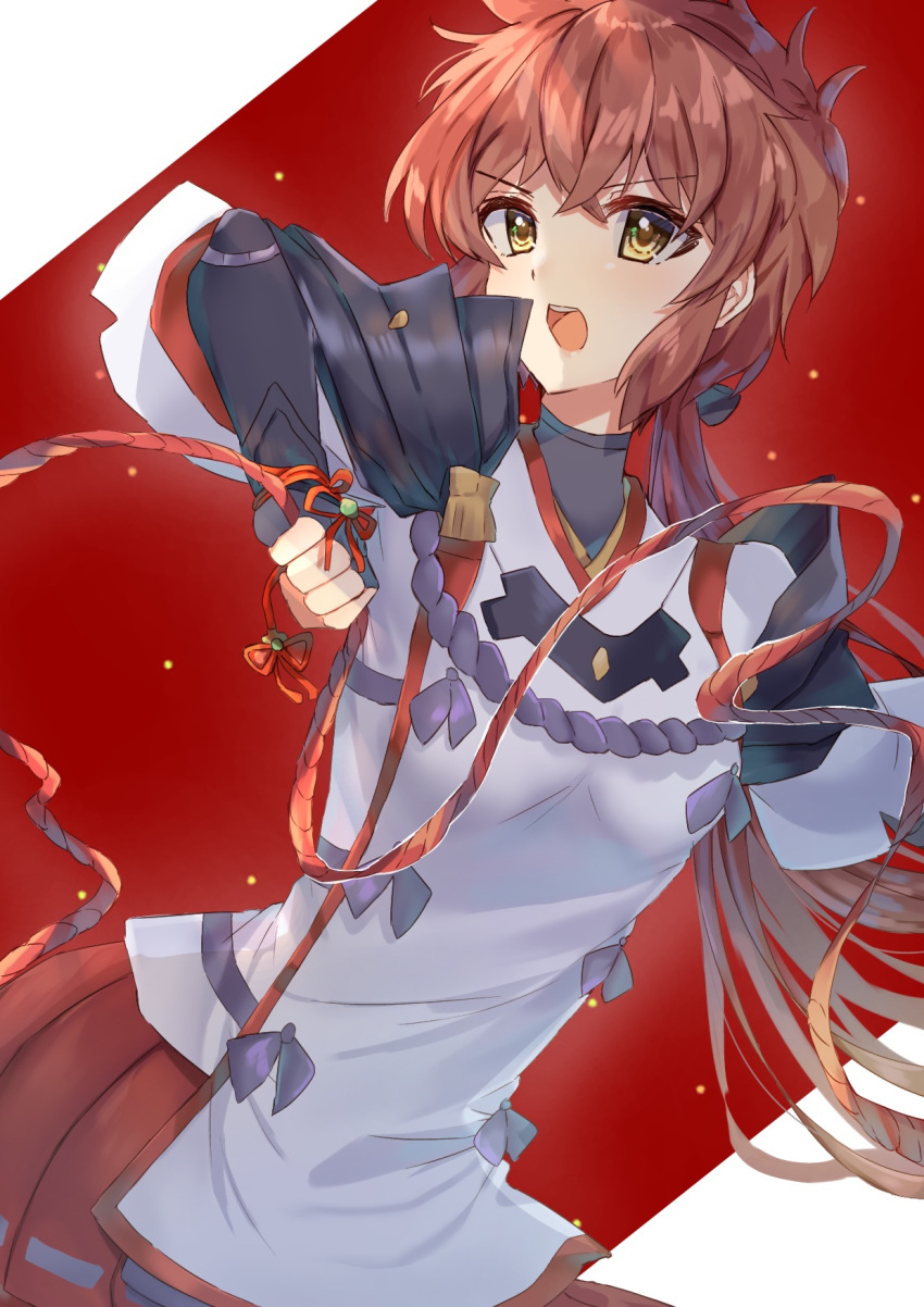 1girl armor bangs black_gloves brown_eyes brown_hair edamameoka gloves hair_between_eyes highres holding long_hair lora_(xenoblade) low_ponytail open_mouth partially_fingerless_gloves pauldrons pleated_skirt ponytail red_background red_skirt rope shoulder_armor skirt solo two-tone_background v-shaped_eyebrows very_long_hair white_background xenoblade_chronicles_(series) xenoblade_chronicles_2 xenoblade_chronicles_2:_torna_-_the_golden_country