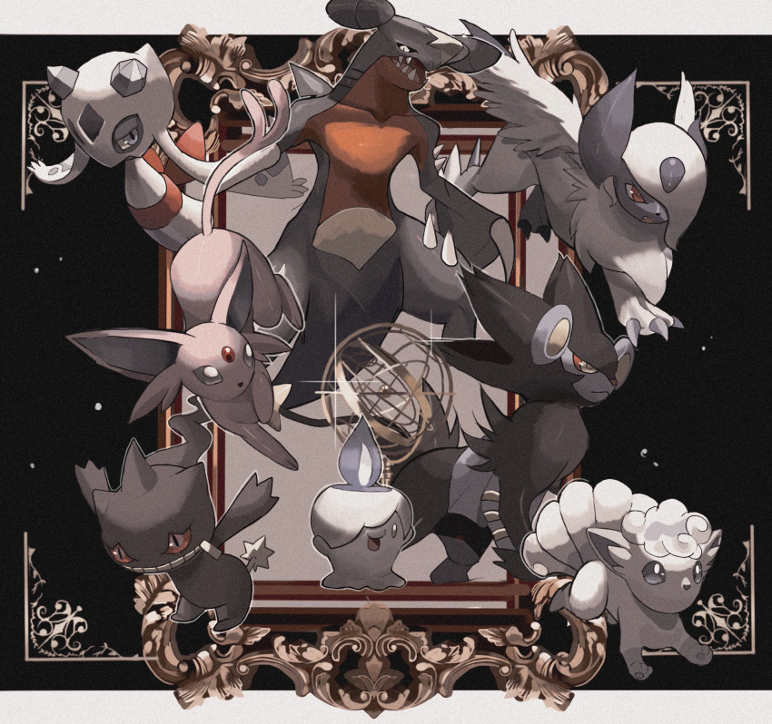 :&lt; absol alolan_vulpix animal_focus armillary_sphere back_bow banette black_eyes blue_eyes blue_fire bow claws closed_mouth collarbone colored_sclera commentary crystal espeon fang feathered_wings fire forehead_jewel froslass full_body garchomp gem glint grey_eyes grin hair_over_one_eye half-closed_eyes happy highres litwick luxray mega_absol mega_pokemon muted_color no_humans one_eye_covered open_mouth outline pokemon pokemon_(creature) red_bow red_gemstone red_sclera reo_(mmocc123) sash sharp_teeth short_hair slit_pupils smile spikes standing teeth white_hair white_outline white_wings wings yellow_eyes