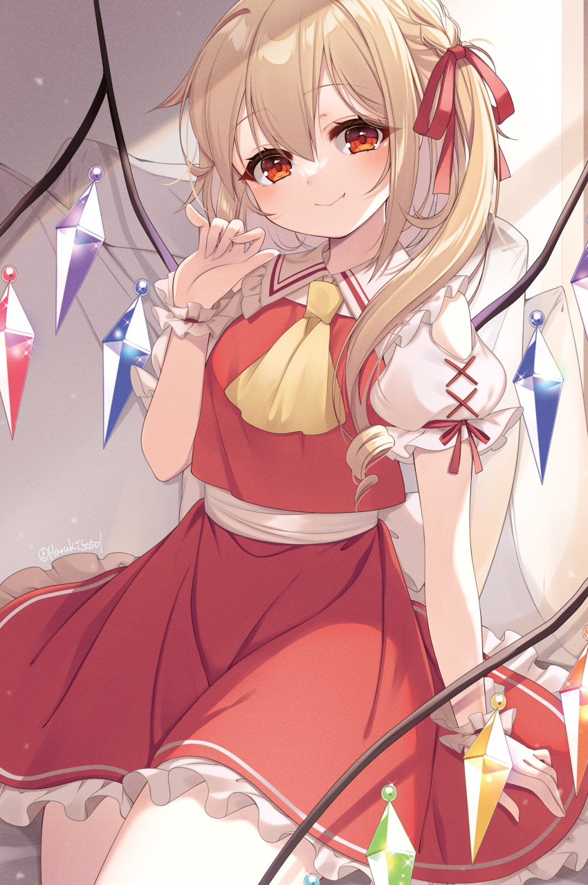 1girl ascot bangs blonde_hair closed_mouth crystal fang flandre_scarlet haruki_(colorful_macaron) highres looking_at_viewer one_side_up red_eyes red_skirt red_vest shirt skirt smile solo touhou vest white_shirt wings wrist_cuffs yellow_ascot
