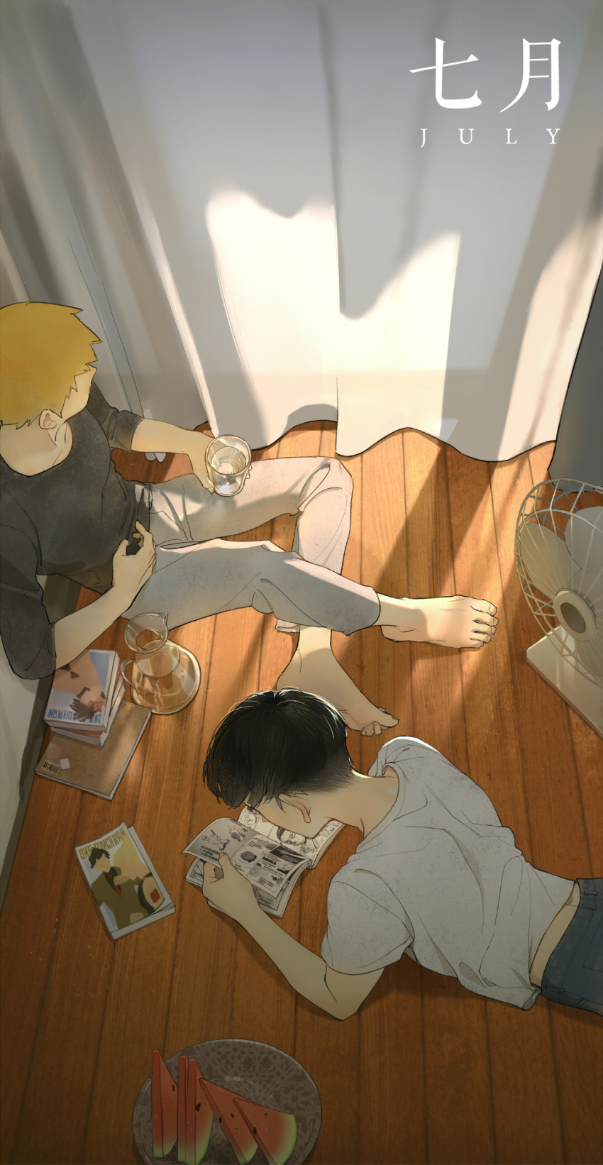 1a79f5as19e 2boys bangs barefoot black_hair black_shirt blonde_hair book book_stack bowl_cut cup curtains dated drinking_glass electric_fan facing_away facing_down facing_to_the_side food from_above fruit grey_pants highres holding holding_book holding_cup holding_manga indoors jar kageyama_shigeo knee_up long_sleeves lying male_focus manga_(object) mob_psycho_100 multiple_boys on_floor on_stomach pants plate reading reigen_arataka shirt short_hair sitting summer t-shirt water watermelon watermelon_slice white_shirt wooden_floor